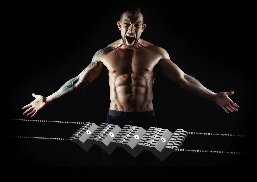 Backraze back razor for men from underneath stretched out showing all the blades and teeth with topless muscular man standing in the background 
