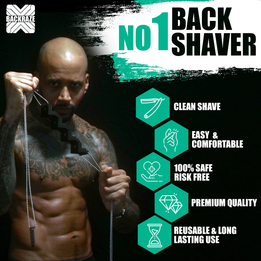man showing the backraze back shaver in front of him in a stretched out extended position demonstrating its size 